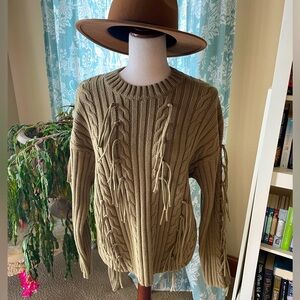 Zara olive cable knit western fringe sweater